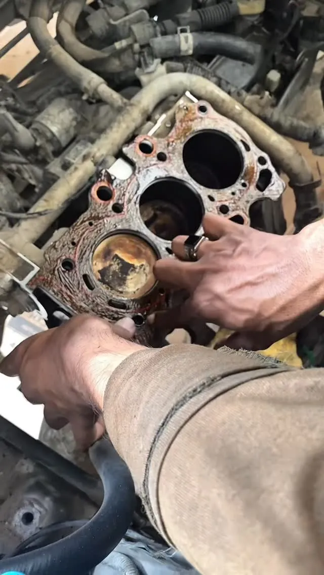 Mechanic's hands working on an engine block with the cylinder head removed