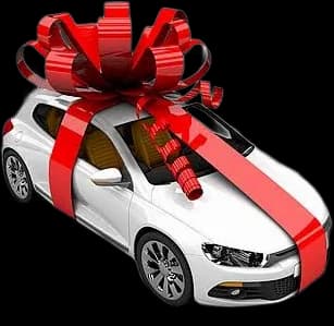 New white car wrapped in a red gift ribbon and bow